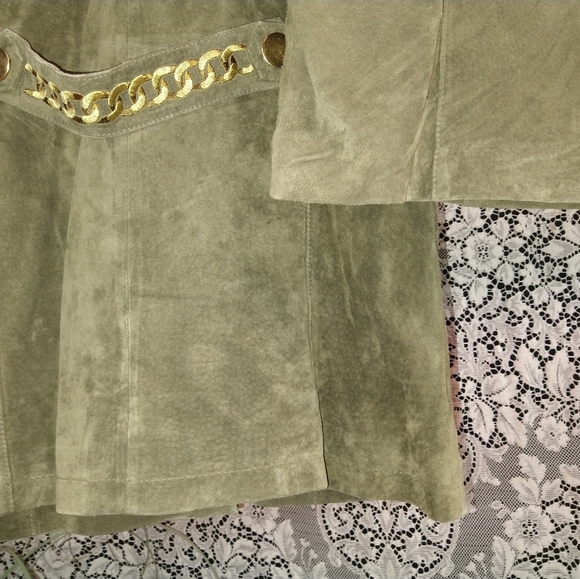Louis Dell Olio brown / green coordinating skirt set 100% suede chain embroidery - Picture 5 of 6
